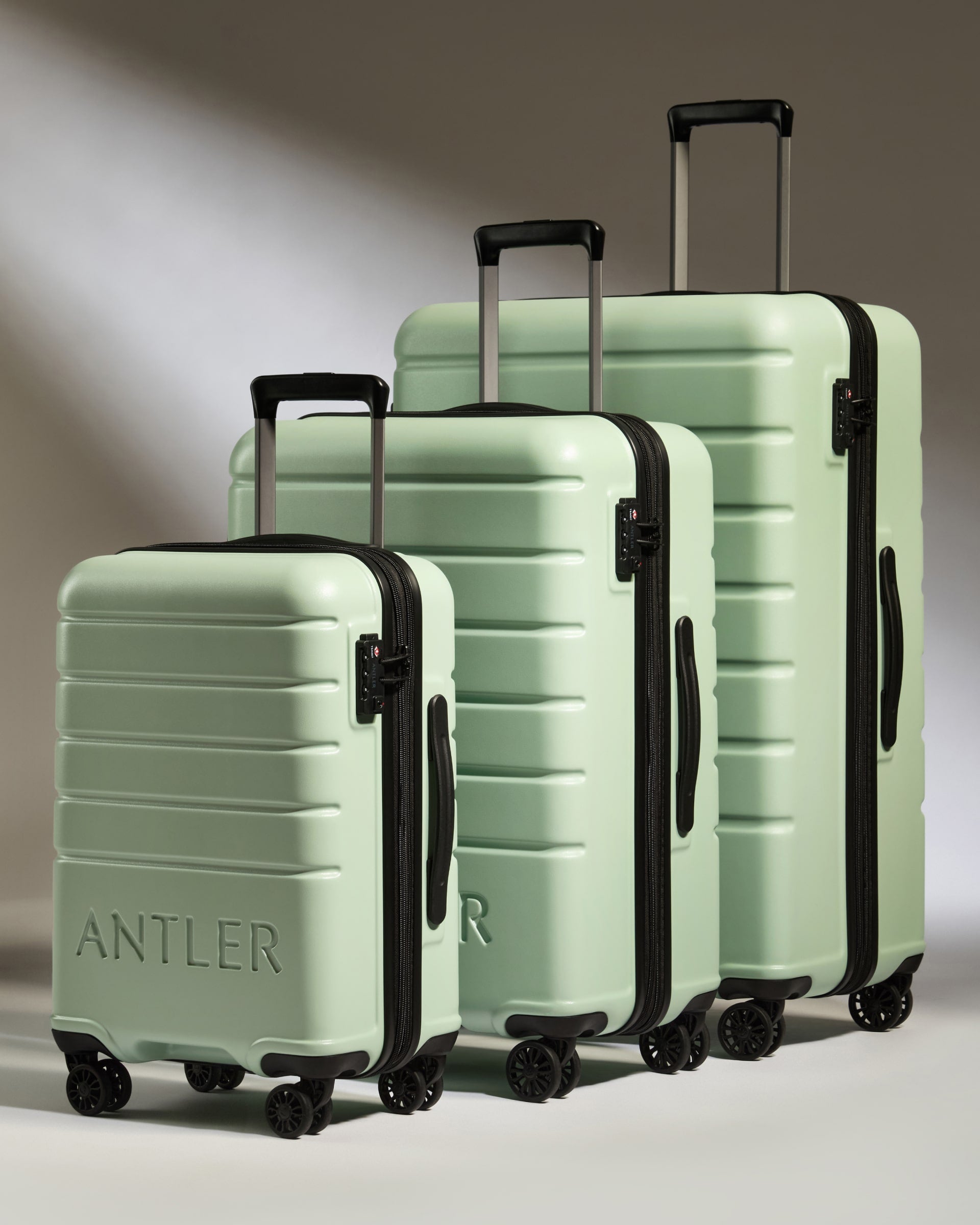 Expandable Carry on Luggage Set Light Green Logo Lightweight Hard Shell Suitcase Antler USA